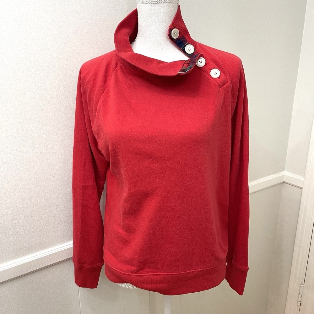 J. Crew Red Long Sleeve Cowl Neck Pullover Small With Plaid And Button Detail